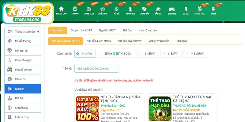 Thực hiện nạp tiền để đáp ứng điều kiện khi chơi bắn cá TK88