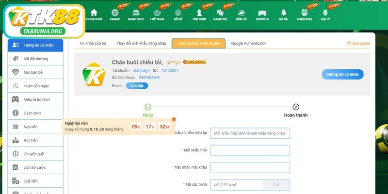 Sau khi đăng nhập, người chơi có thể quản lý toàn bộ thông tin cá nhân