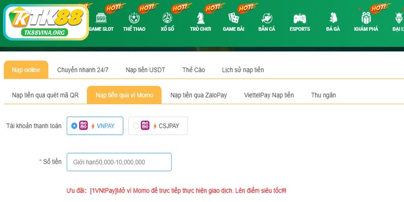 Hướng dẫn nạp tiền TK88 qua nhiều phương thức phổ biến
