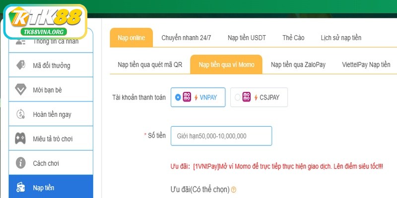 Sau khi đăng ký, người chơi cần nạp tiền để tham gia các trò nổ hũ TK88